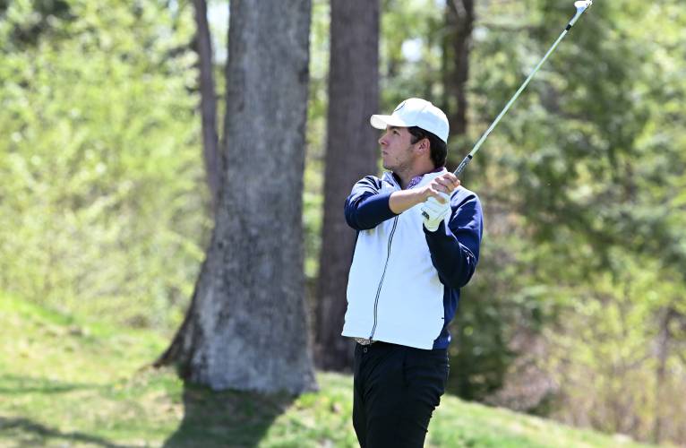 Ieuan Jones of Wales watches his second shot on the 13th hole at the 2025 U.S. Open Local Qualifier at Crumpin-Fox Club in Bernardston on Thursday. 