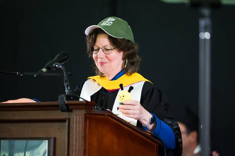 Catherine “Cady” Coleman, a former NASA astronaut and USAF colonel, addresses graduates at Greenfield Community College’s commencement ceremony on Saturday. Coleman was a guest speaker and also serves on GCC’s board of trustees.