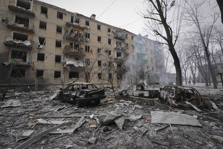 A general view at the site of the Russian rocket attack in Kharkiv, Ukraine, Tuesday, Jan. 23, 2024. A general view at the site of the Russian rocket attack in Kharkiv, Ukraine, Tuesday, Jan. 23, 2024.