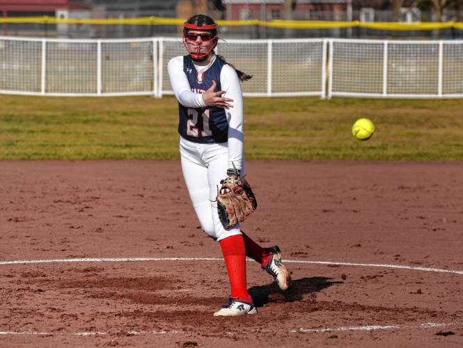 Frontier’s Raine Wonsey (21) delivers a pitch against Agawam during the Redhawks’ season opener on Friday at Zabek Field in South Deerfield.