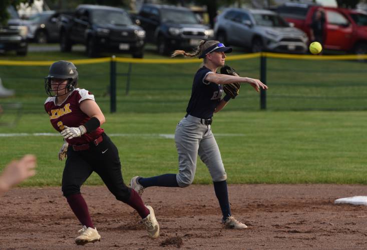 Franklin Tech’s Kaitlin Trudeau throws to first against Lenox in the MIAA Div. 5 Round of 16 this past week in Turners. Franklin Tech’s Kaitlin Trudeau throws to first against Lenox in the MIAA Div. 5 Round of 16 this past week in Turners.