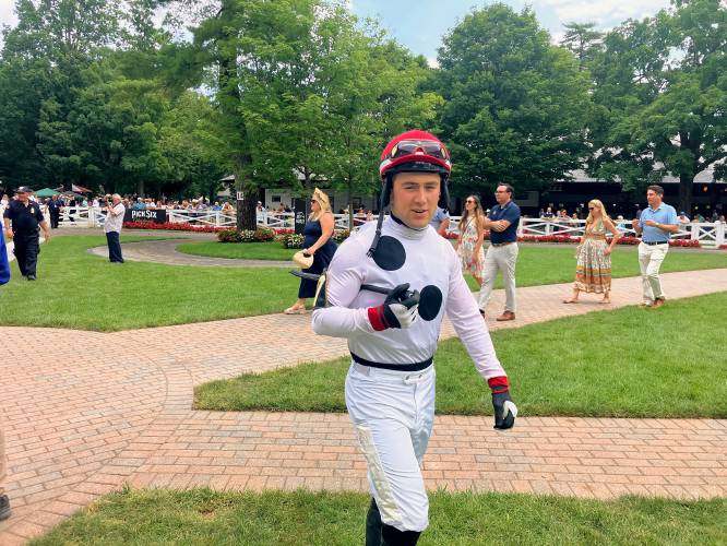 Steeplechase jockey Jordan Gainford in the paddock prior to the A.P. Smithwick Memorial Handicap at Saratoga on July 21. His horse, L'Imperator, would finish fourth as the 5-2 co-favorite.