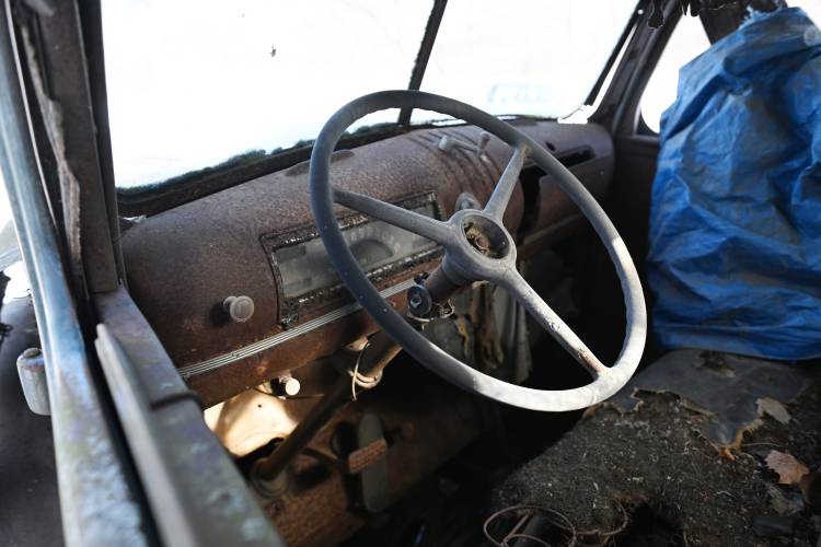 The interior of an old Chevrolet truck on Meadow Road in Montague.