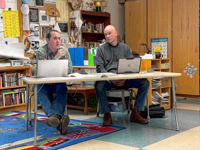 Planning Board Chair Matt Stine and Kevin Balawick discuss amendments to Rowe’s zoning bylaws pertaining to accessory dwelling units on Thursday.
