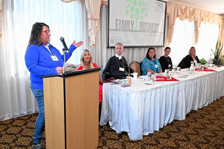 Nikki Ciesluk of Ciesluk’s Market speaks at the Franklin County Chamber of Commerce breakfast at Terrazza Ristorante in Greenfield Friday morning.