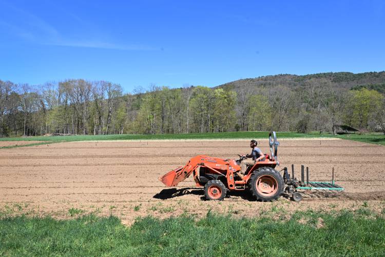 Dan Greene of Good Bunch Farm in Shelburne Falls prepares a field for planting.