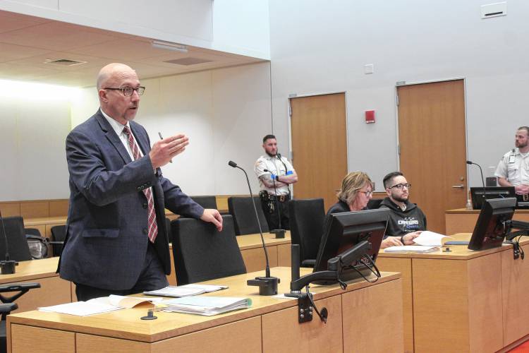 Defendant Ryan O’Farrell, at right, sits in Franklin County Superior Court on Monday for a motion to dismiss DUI charges after he allegedly crashed his vehicle into a group of motorcyclists in 2022, hospitalizing seven. Prosecutor Matthew Thomas is pictured standing at left and defense attorney Jeanne Early is seated next to O’Farrell. Defendant Ryan O’Farrell, at right, sits in Franklin County Superior Court on Monday for a motion to dismiss DUI charges after he allegedly crashed his vehicle into a group of motorcyclists in 2022, hospitalizing seven. Prosecutor Matthew Thomas is pictured standing at left and defense attorney Jeanne Early is seated next to O’Farrell.