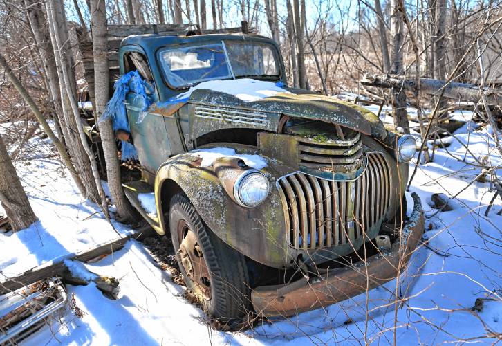 This old Chevrolet truck rusts along Meadow Road in Montague surrounded by trees.
