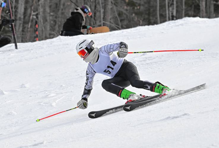 Mohawk Trail’s Phineas Tuttman competes in the giant slalom at the PVIAC Individual Championships at Berkshire East on Tuesday.