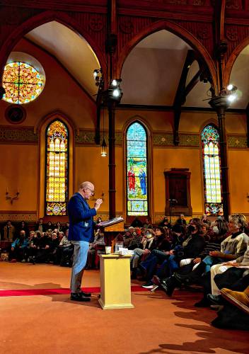 “We’ve got to recognize that power doesn’t concede anything without a fight,” U.S. Rep. Jim McGovern told about 500 people who showed up for a coffee hour town hall on Saturday at First Churches in Northampton. “We are not going to defeat Trump by sitting back and waiting. We need to make demands. We need to break outside our bubbles.”