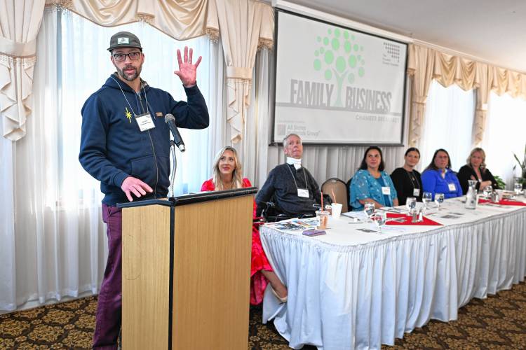 Incandescent Brewing co-owner Nate Perry speaks at the Franklin County Chamber of Commerce breakfast at Terrazza Ristorante in Greenfield Friday morning.