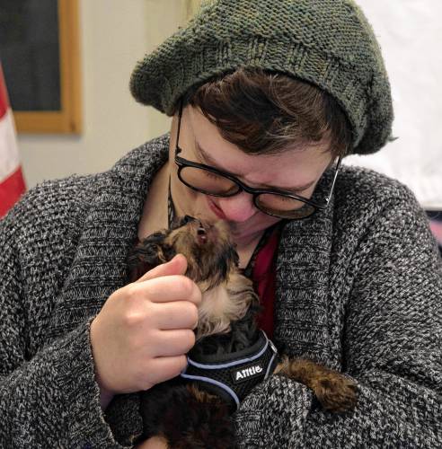 Shutesbury Town Clerk Grace Bannasch holds Charlie, a 9-week-old comfort dog. “People see him and immediately melt,” said Bannasch.