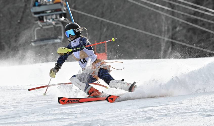 Mohawk Trail’s Lydie Pinkham competes in the slalom at the PVIAC Individual Championships at Berkshire East on Tuesday.