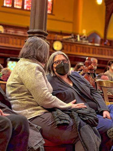 Northampton Mayor Gina-Louise Sciarra, right, and state Sen. Jo Comerford take a moment to chat Saturday.