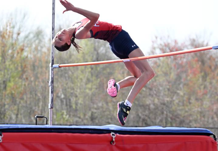 Frontier’s Maia Christensen competes in the high jump in South Deerfield on Tuesday. 