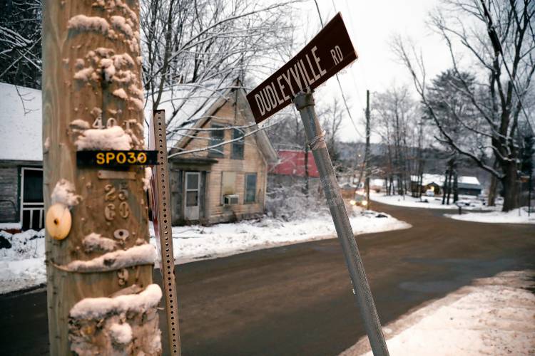 The northern end of Dudleyville Road, looking toward Rattlesnake Gutter Road and the Leverett Village Co-op in Leverett.