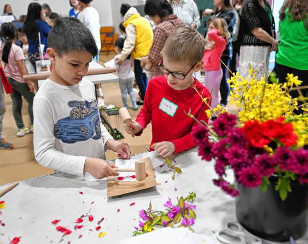 Second graders Michael Zabek and Charlie Bagdon perform botanical dye transfers by pressing flower blossoms onto paper at Sunderland Elementary School’s STEAM Fair last week.