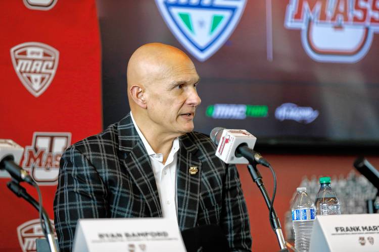 UMass men’s basketball head coach Frank Martin speaks during a press conference at the Martin Jacobson Football Performance Center regarding the University of Massachusetts joining the Mid-American Conference. UMass men’s basketball head coach Frank Martin speaks during a press conference at the Martin Jacobson Football Performance Center regarding the University of Massachusetts joining the Mid-American Conference.