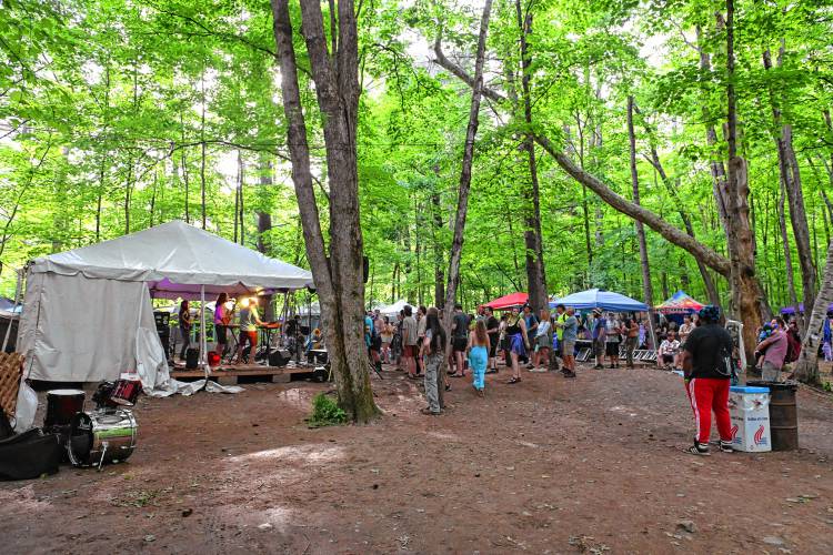 The Riverworm Stage in the trees at the 20th Strangecreek Campout at Camp Keewanee in Greenfield. 