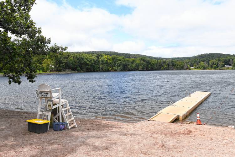 The beach and swimming dock at Ashfield Lake.