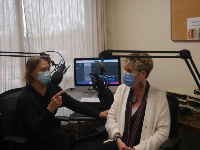 Franklin Medical Reserve Corps volunteer Denise Schwartz interviews Judy Raper, associate dean for community engagement at Greenfield Community College, about her experience during the pandemic. By recording oral histories of older adults in Franklin County to compile a record of their navigation and resilience through the pandemic, Franklin Medical Reserve Corps volunteers felt inspired to launch their latest project, “Prep School: A Readiness Podcast.” Franklin Medical Reserve Corps volunteer Denise Schwartz interviews Judy Raper, associate dean for community engagement at Greenfield Community College, about her experience during the pandemic. By recording oral histories of older adults in Franklin County to compile a record of their navigation and resilience through the pandemic, Franklin Medical Reserve Corps volunteers felt inspired to launch their latest project, “Prep School: A Readiness Podcast.”