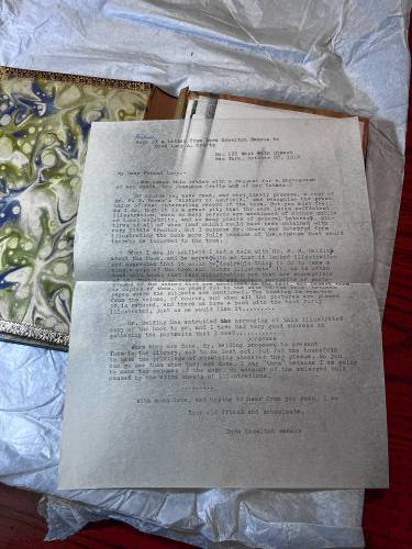 Dora Knowlton Ranous, an author and actress who was born in Ashfield, describes how she created the illustrated edition of “History of Ashfield” Volume 1 in a letter to a friend dated Oct. 28, 1914.