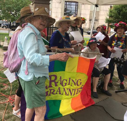 The political musical group The Raging Grannies, pictured on the Greenfield Common in 2023. The Raging Grannies will perform on Saturday during “Our Projects for 2025: Envisioning the World We Want” at the Second Congregational Church of Greenfield. The political musical group The Raging Grannies, pictured on the Greenfield Common in 2023. The Raging Grannies will perform on Saturday during “Our Projects for 2025: Envisioning the World We Want” at the Second Congregational Church of Greenfield.