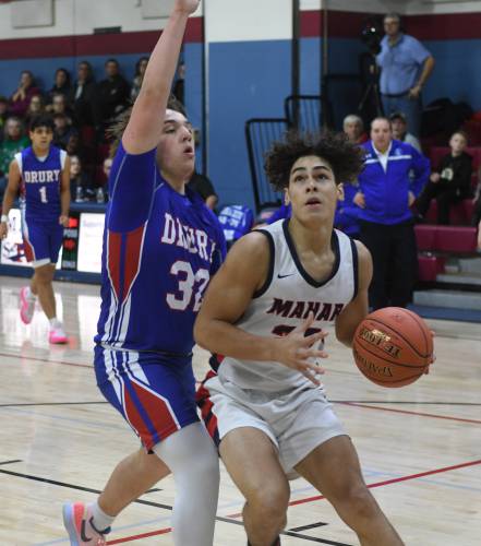 Mahar’s Jayden Delgado is defended by Drury’s Connor Hinkell in Orange earlier this season. Mahar’s Jayden Delgado is defended by Drury’s Connor Hinkell in Orange earlier this season.