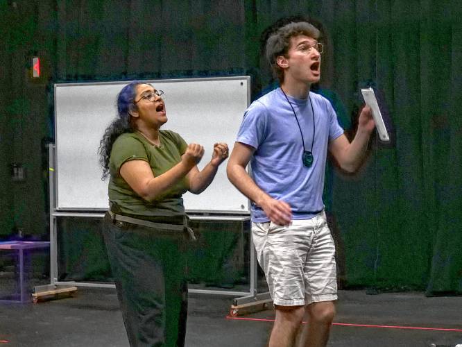 Hia Ghosh and Walt Manasse-Latham rehearse a scene at Hampshire College from Liz Duffy Adams’ “The Broken Machine,” the first play in Silverthorne Theater Company’s summer series. The play opens June 7 at Hampshire.