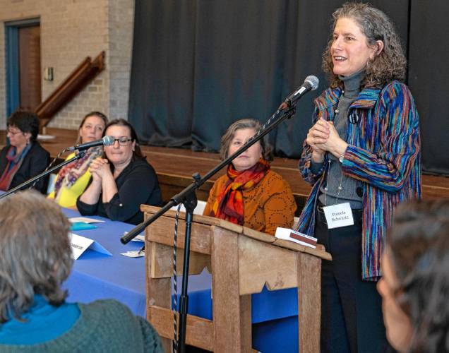 Pamela Schwartz, co-president of Congregation B’nai Israel, speaks during Monday’s legislative luncheon in Northampton.