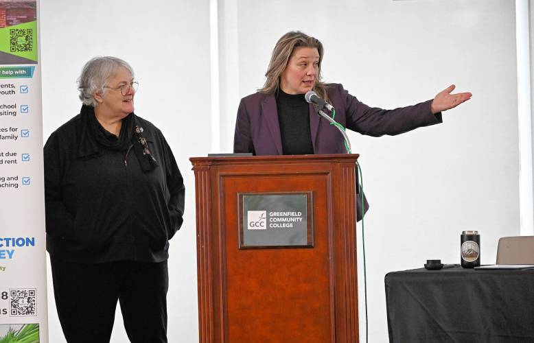 Clare Higgins, executive director of Community Action Pioneer Valley, and state Rep. Natalie Blais speak at the Volunteer Income Tax Assistance (VITA) program event at Greenfield Community College on Friday morning.