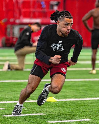 Former UMass wide receiver Jakobie Keeney-James navigates through a drill during the Minutemen’s Pro Day at The Bubble in Amherst back in March.