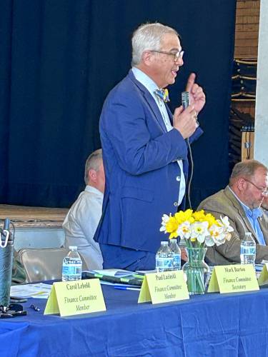 Finance Committee Chair Ben Markens explains an article at Ashfield’s Annual Town Meeting on Saturday at Town Hall.