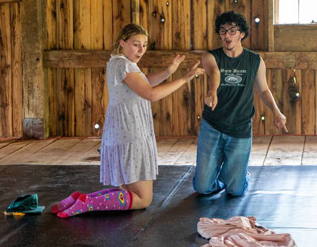 From left, April Rooney-Adams and Quinn Mass rehearse “Mind Matters Most: A Mental Health Cabaret” in Piti Theatre Co.’s new space in Charlemont.