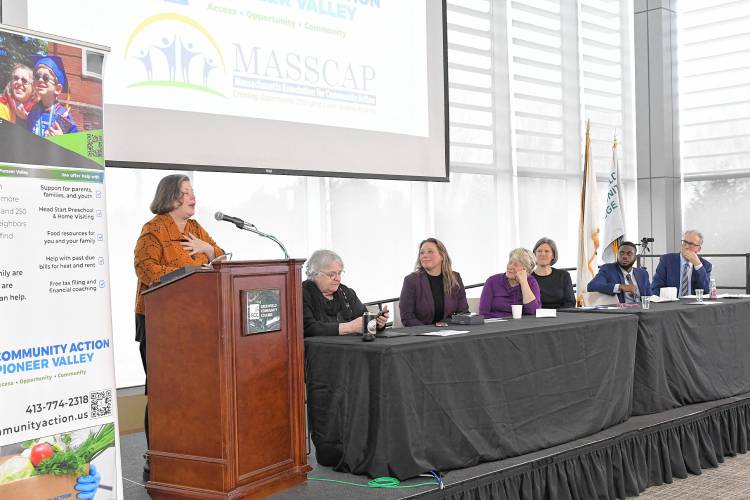 State Sen. Jo Comerford speaks at the Volunteer Income Tax Assistance (VITA) program event at Greenfield Community College on Friday morning.