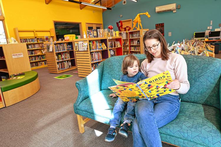 Sara Lark reads with her son Auden Lark, 4, in the Children’s Room at the Erving Public Library.