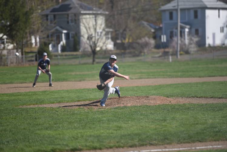 Franklin Tech's Mason Lehtomaki pitches against Smith Vocational on Tuesday at Arcanum Field in Northampton. 