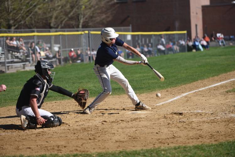 Frontier's Austin D'Urso puts the bat on the ball against Pioneer in South Deerfield Wednesday. 
