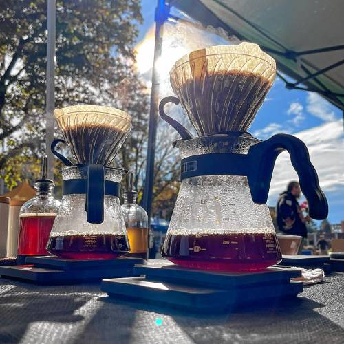 The proprietors of Woodnote Coffee Company, Kaihla Laurent and Jaydon Diamond, use a Japanese-made glass system with natural filters to provide customers with excellent coffee, which is the same method they use at home.