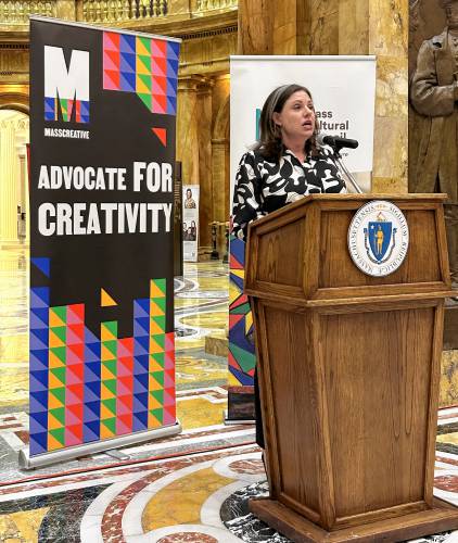 Emily Ruddock, executive director of MASSCreative, speaks during a recent State House hearing about four bills pertaining to the creative economy. Emily Ruddock, executive director of MASSCreative, speaks during a recent State House hearing about four bills pertaining to the creative economy.