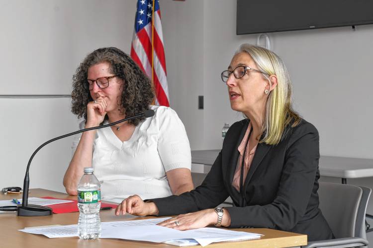 Governor’s Councilor Tara Jacobs, left, and Probate and Family Court judgeship nominee Alexa Flanders during Flanders’ public hearing in the jury pool room at the Franklin County Justice Center on Monday.