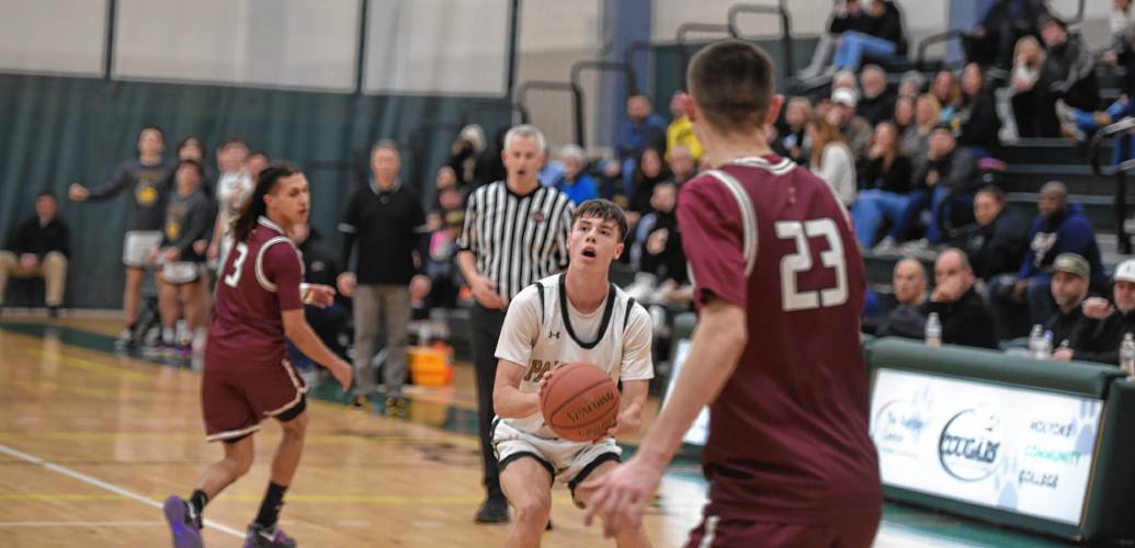 Pioneer's Brayden Thayer takes a 3-pointer on Saturday against Duggan during the Western Mass. Class D championship game at Holyoke Community College. 