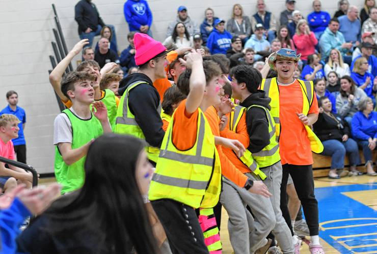 Pioneer fans celebrate a basket against Drury during the Panthers’ 49-23 victory in the MIAA Division 5 semifinals at West Springfield High School Tuesday night.