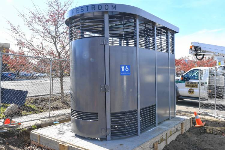 The Portland Loo public restroom is being installed in the parking lot between Chapman and Davis streets in Greenfield.