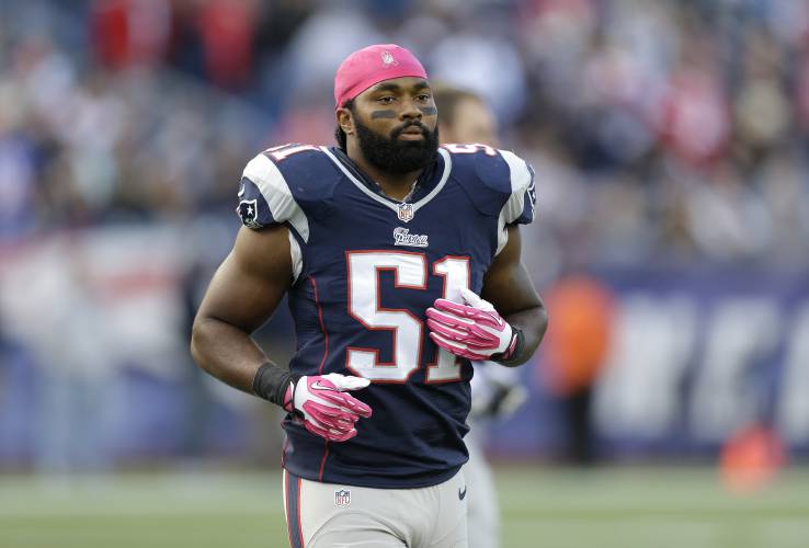 FILE -New England Patriots outside linebacker Jerod Mayo (51) warms up on the field before an NFL football game against the New Orleans Saints, Sunday, Oct.13, 2013, in Foxborough, Mass. The New England Patriots have agreed to hire Jerod Mayo to succeed Bill Belichick as their next head coach, according to a person familiar with the situation. Details were still being worked out on Friday, Jan. 12, 2024, according to the person, who spoke on the condition of anonymity because the...