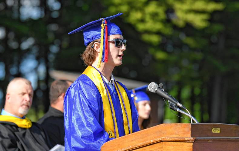 Senior Class Vice President Jaxson Archambault addresses fellow grads and family.