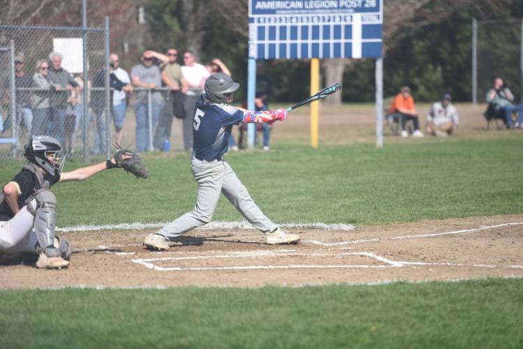 Franklin Tech's George Gutierrez cracks a base hit against Smith Vocational on Tuesday at Arcanum Field in Northampton. 