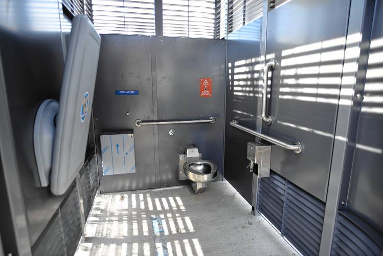 The interior of the Portland Loo public restroom that is being installed in the parking lot between Chapman and Davis streets in Greenfield provides a toilet, changing station and sharps disposal.