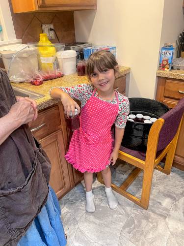 Six-year-old Rachel Billings of Billings Brook Farm in Hawley helps out around her family's homestead. Her mother says Rachel learned to stack wood and fold laundry at age 2.