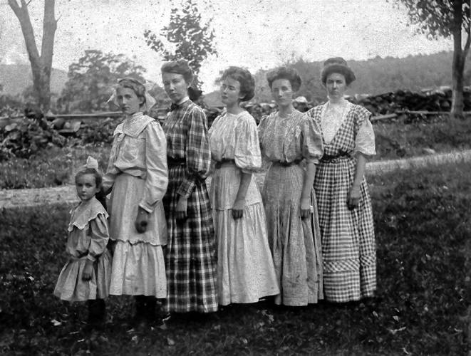 Philip Johnson’s grandmother and her five sisters, the Moore girls from Leverett, pictured in 1909. From left: Ida, Hazel, Flora, Rhoda, Mildred and Almyra. Philip Johnson’s grandmother and her five sisters, the Moore girls from Leverett, pictured in 1909. From left: Ida, Hazel, Flora, Rhoda, Mildred and Almyra.